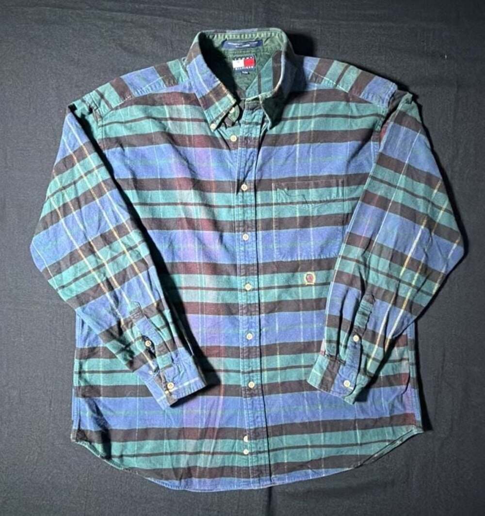 Vintage 90s Tommy Hilfiger Crest Logo Striped Flannel Shirt XL